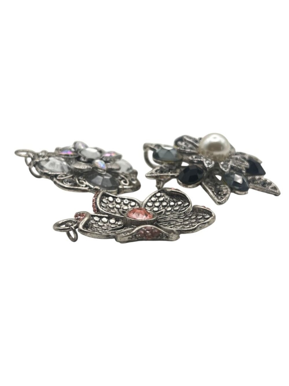 Lot 3 Silver Tone Floral Pendants Acrylic Crystals Faux Pearl Brooch Pink Blue - Picture 2 of 12
